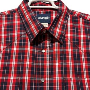 Wrangler Mens Red Navy Plaid Pearl Snap Western Shirt 2XLT Cotton